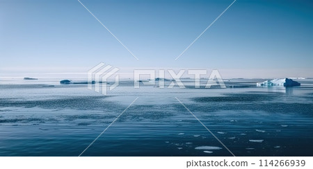 Winter sea landscape with floating ice fragments on still cold water. Generative AI 114266939