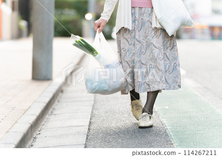 老婦人在她的腳下購物 114267211