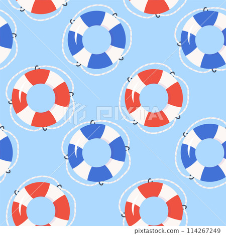 Red and blue life buoy seamless pattern. Summer beach background for print, fabric, textile, wrapping paper. Vector illustration 114267249