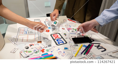 Brainstorm planning creative asian teamwork, Group of mobile phone app developer team meeting for share ideas about screen prototype layout for smartphone, ui, ux startup small business 114267421