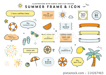 夏季框架和插圖集圖標裝飾裝飾絲帶語音氣泡裝飾煙火暑假熱帶 114267463