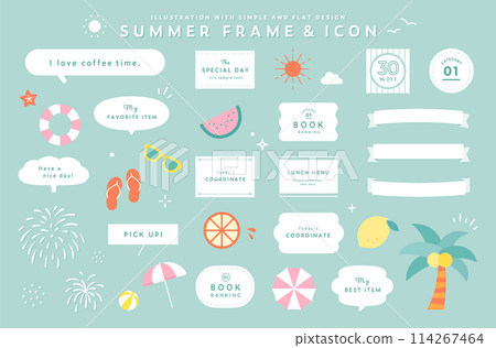 Set of summer frames and illustrations Icons Decorations Ribbons Speech bubbles Decorations Fireworks Summer vacation Tropical 114267464