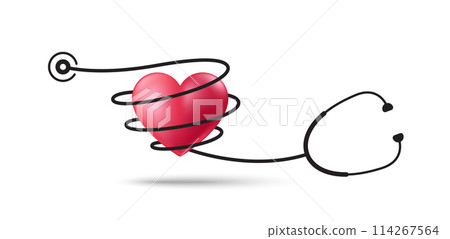 World Health Day concept. Heart wrapped with stethoscope cord. Health awareness day celebrated on 7 April. Global medical healthcare day. World wellness holiday. Vector illustration 114267564