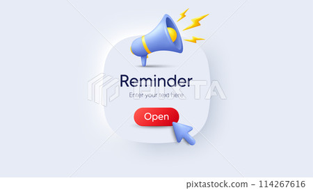 Alert reminder notice message background. Calendar event offer, push notifications box. 3d megaphone banner. Alert notice message, web reminder box and announce ad offer. Vector illustration Alert reminder notice message background. Calendar event offer, push notifications box. 3d megaphone banner. Alert notice message, web reminder box and announce ad offer. Vector illustration 114267616