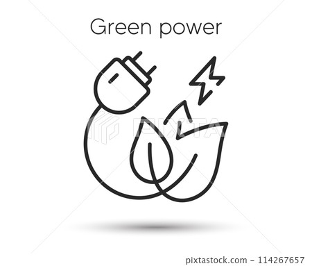 Green eco power plug line icon. Energy efficient plug and leaf sign. Renewable, eco friendly energy symbol. Illustration for web and mobile app. Line style green energy icon. Electric power. Vector 114267657