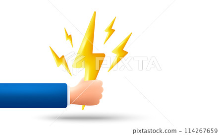 Energy crisis background. Realistic 3d hand hold lightning bolt. Electric power thunder bolt banner. Flash energy, electric voltage. 3d lightning electricity icon. Vector illustration 114267659