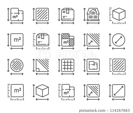 Dimension line icons. Square meter, Area size and Floor plan set. Box size dimension, room space and perimeter line icons. Post office package sizes, square area and triangle corner. Vector 114267663