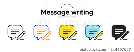 Write message line icon in different styles. Bicolor outline stroke style. Email memo symbol for web ui, mobile application. Social media chat box message. Memo bubble with pen. Vector Write message line icon in different styles. Bicolor outline stroke style. Email memo symbol for web ui, mobile application. Social media chat box message. Memo bubble with pen. Vector 114267697