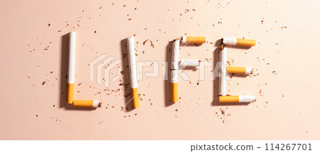 World no tobacco day concept template. Flat layout of LIFE text made from cigarette or tobacco on brown background. 114267701
