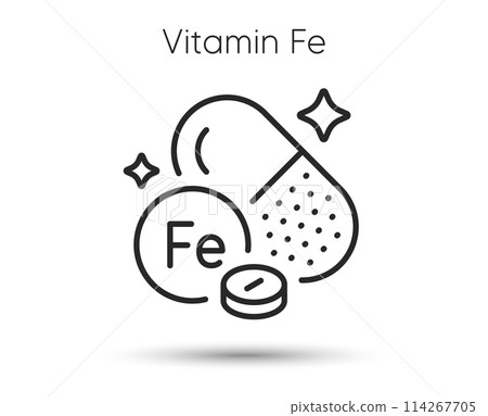 Mineral Fe line icon. Iron capsule sign. Multivitamin pill symbol. Illustration for web and mobile app. Line style ferrum mineral icon. Editable stroke nutrition antioxidant. Vector Mineral Fe line icon. Iron capsule sign. Multivitamin pill symbol. Illustration for web and mobile app. Line style ferrum mineral icon. Editable stroke nutrition antioxidant. Vector 114267705