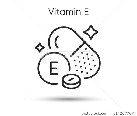 Vitamin E line icon. Fat soluble capsule sign. Multivitamin pill symbol. Illustration for web and mobile app. Line style vitamin e icon. Editable stroke nutrition antioxidant. Vector Vitamin E line icon. Fat soluble capsule sign. Multivitamin pill symbol. Illustration for web and mobile app. Line style vitamin e icon. Editable stroke nutrition antioxidant. Vector 114267707