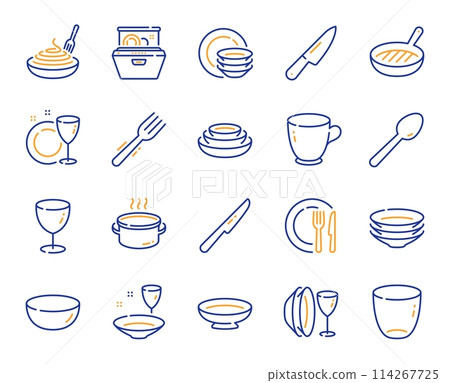 Tableware line icons. Dish plate, Food bowl and Cooking utensils set. Fork, spoon and knife cutlery line icons. Grill pan, dish washer and dish with pasta. Food plate, glass and tea cup. Vector 114267725
