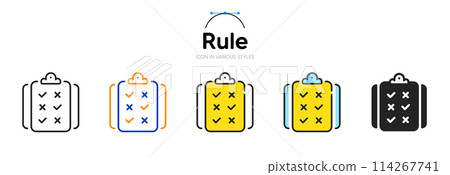 Rule line icon in different styles. Bicolor outline stroke style. Regulation compliance symbol for web ui, mobile application. Rule clipboard file. Quiz regulation document. Vector Rule line icon in different styles. Bicolor outline stroke style. Regulation compliance symbol for web ui, mobile application. Rule clipboard file. Quiz regulation document. Vector 114267741