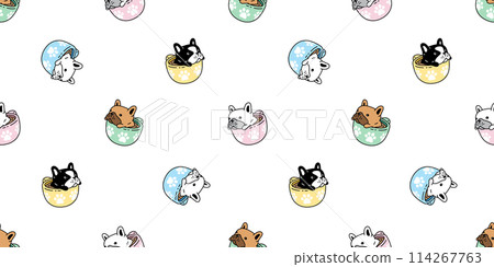 dog seamless pattern french bulldog coffee cup puppy paw footprint vector hot tea pet toy doodle cartoon tile background gift wrapping paper repeat wallpaper scarf isolated illustration design 114267763