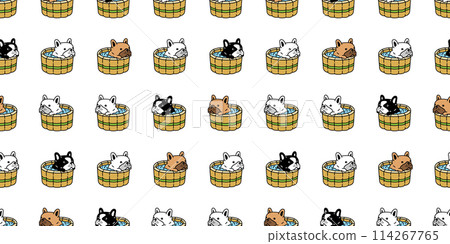 dog seamless pattern french bulldog shower bathing wooden oak bathtub teak puppy vector bone pet toy duck rubber doodle cartoon gift wrapping paper tile background repeat wallpaper illustration scarf  114267765