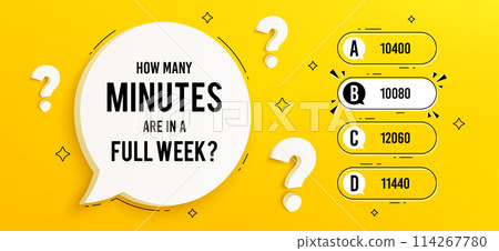 Quiz game menu, test questions choice. Template for TV show or trivia game. Riddle with question and answer options. Quiz game on yellow background with chat bubble. Vector illustration 114267780