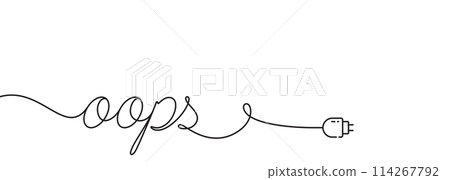 Oops error background with plug. Electric cord unplugged. Broken cable, wire. Continuous line art drawing. Electric power outage banner. Electric energy connection problem. Oops message. Vector 114267792