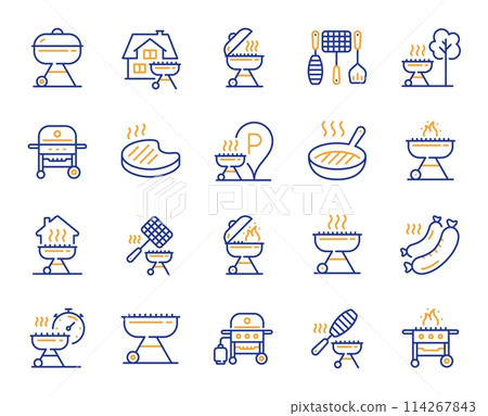 Grill line icons. Salmon meat steak, Bbq smoker and Fire cooking set. Gas-fueled grill, hot pan and barbecue sausage icons. Grilled beef steak meat, roasted food and fish grilling basket. Vector 114267843