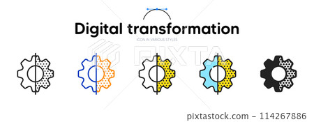 Digital transformation line icon in different styles. Bicolor outline stroke style. Development symbol for application. Digital data transform banner. Future tech development, engineering gear. Vector Digital transformation line icon in different styles. Bicolor outline stroke style. Development symbol for application. Digital data transform banner. Future tech development, engineering gear. Vector 114267886