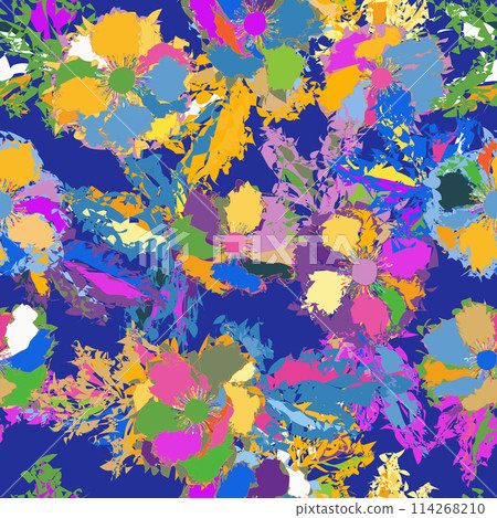 A vibrant painting showcasing colorful flowers on an electric blue background. The magenta petals pop against the symmetrical pattern A vibrant painting showcasing colorful flowers on an electric blue background. The magenta petals pop against the symmetrical pattern 114268210