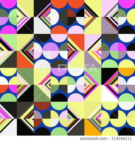 A vibrant geometric pattern featuring rectangles and triangles on a blue textile background, creating a lively and artistic design reminiscent of aquatic organisms 114268211