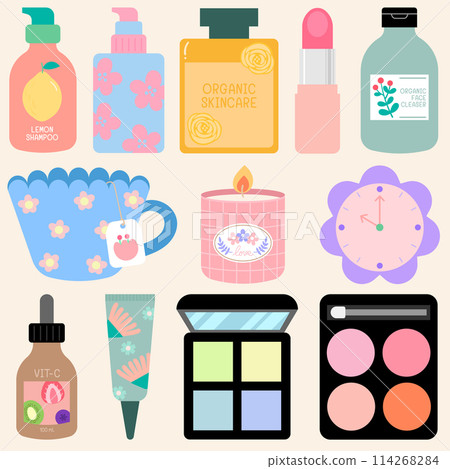 Cute and Colorful hand drawn kawaii cosmetic skincare girly elements set Cute and Colorful hand drawn kawaii cosmetic skincare girly elements set 114268284