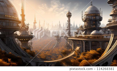 A futuristic cityscape of a thriving civilization somewhere in space 114268381