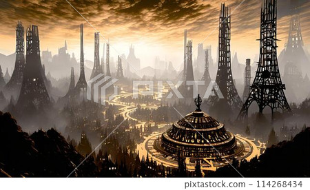 A futuristic cityscape of a thriving civilization somewhere in space 114268434