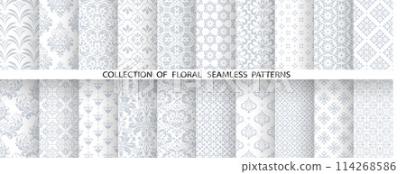 Geometric floral set of seamless patterns. White and gray vector backgrounds. Damask graphic ornaments 114268586