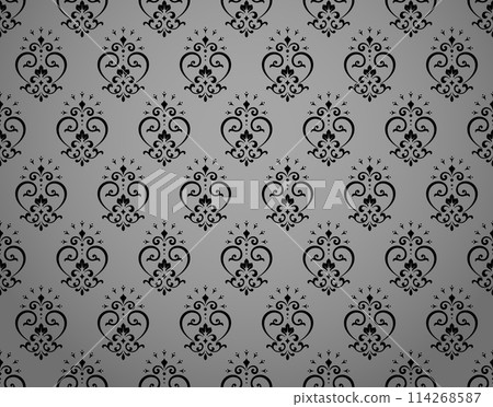 Wallpaper in the style of Baroque. Seamless vector background. Gray and black floral ornament. Graphic pattern for fabric, wallpaper, packaging. Ornate Damask flower ornament 114268587