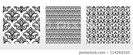 Geometric floral set of seamless patterns. White and black vector backgrounds. Damask graphic ornaments. Geometric floral set of seamless patterns. White and black vector backgrounds. Damask graphic ornaments. 114268595