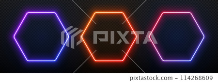 Hexagon neon light frame. 3d glow gradient geometric shape. Led laser border. Fluorescent template for design with text. Hexagon neon light frame. 3d glow gradient geometric shape. Led laser border. Fluorescent template for design with text. 114268609