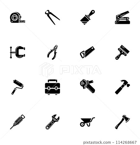 Tools icon - Expand to any size - Change to any colour. Perfect Flat Vector Contains such Icons as wrench, brush, hammer, measurement instrument, screwdriver, pliers, roller, gardening wheelbarrow 114268667