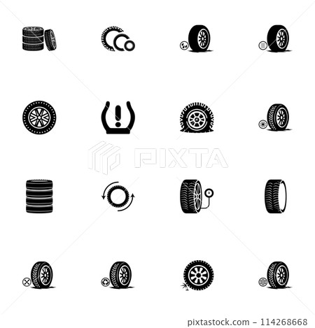 Tires icon - Expand to any size - Change to any colour. Perfect Flat Vector Contains such Icons as car, winter, rubber, puncture, repair, studded wheel, pressure, race, transportation, speed, auto 114268668
