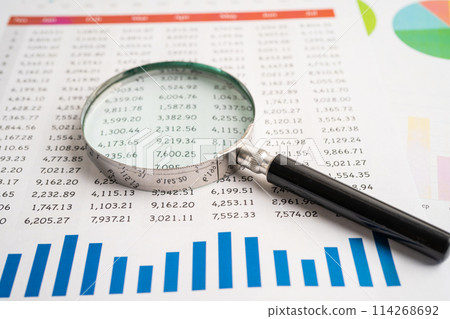 Magnifying glass on spreadsheet and graph paper. Financial development, Banking Account, Statistic, Investment Analytic research data economy, Business. 114268692