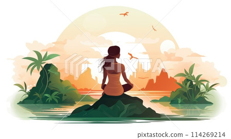 Holistic wellness retreat cartoon illustration - Generative AI. Woman, yoga, lotus, pose, plant. 114269214