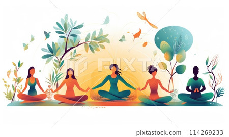Holistic mind cartoon illustration - Generative AI. Yoga, lotus, pose, people, plant. 114269233