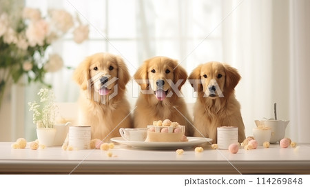 Three adorable golden labradors sitting at the table with a cup of tea and candy treats 114269848