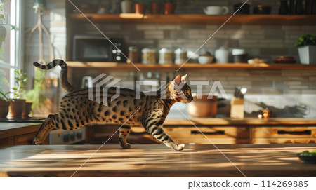 Lifestyle portrait photography of a ocicat running against a modern kitchen 114269885