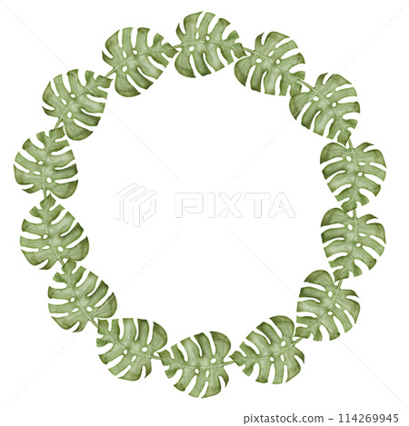 Round Frame with Monstera. Watercolor Wreath with green Palm leaves on isolated background. Circular border with exotic tropical plants for greeting cards or invitations. Illustration for icon or logo 114269945