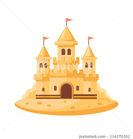 Sand castle with towers and fortress wall in flat style on a white background. Fairytale castle icon. Illustration of building construction on sand. Vector 114270102