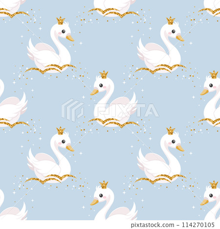 Seamless pattern, little swan princess with a golden crown on a pastel background. Cute background for decorating a nursery bedroom. Vector 114270105