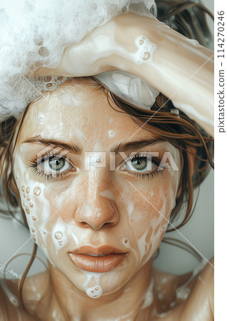A woman is in a bathtub with foam on her face 114270246