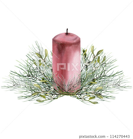 Christmas evergreen pine branches with red candle composition. Hand drawn new year arrangement, traditional winter decor for greeting card, gift, packing. Omela, pine tree, floral for invitation 114270443
