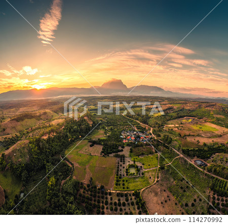 Sunset shine over Doi Luang Chiang Dao mountain and agricultural field in countryside at Chiang Dao 114270992