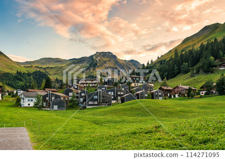 Mountain village of Stoos surrounded by Swiss Alps, in summer at Schwyz, Switzerland 114271095