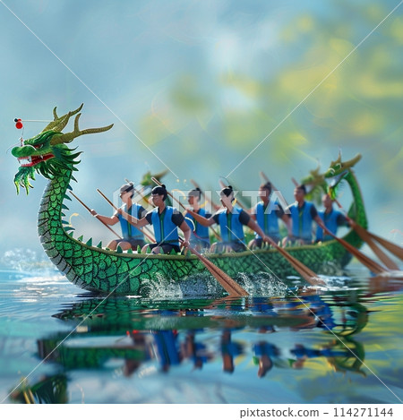 Dragon boat racing for Duanwu festival with a group of paddlers in the river. Dragon boat racing for Duanwu festival with a group of paddlers in the river. 114271144