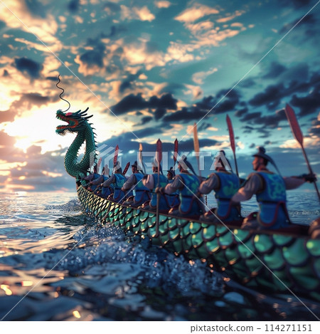 Dragon boat racing for Duanwu festival with a group of paddlers in the river. 114271151