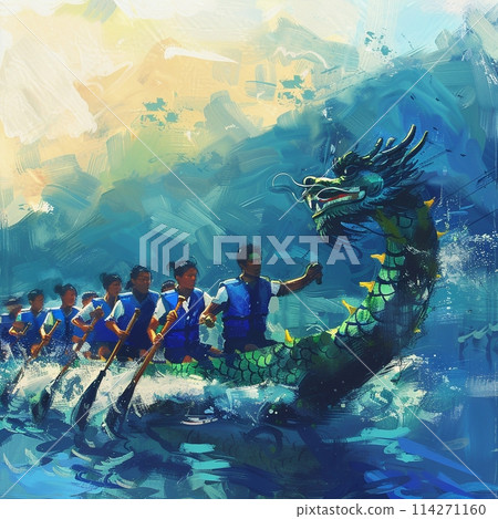 Dragon boat racing for Duanwu festival with a group of paddlers in the river. 114271160