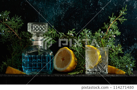 Cocktail gin-tonic with ice, lemon, and rosemary in a frozen glass. Cocktail gin-tonic with ice, lemon, and rosemary in a frozen glass. 114271480